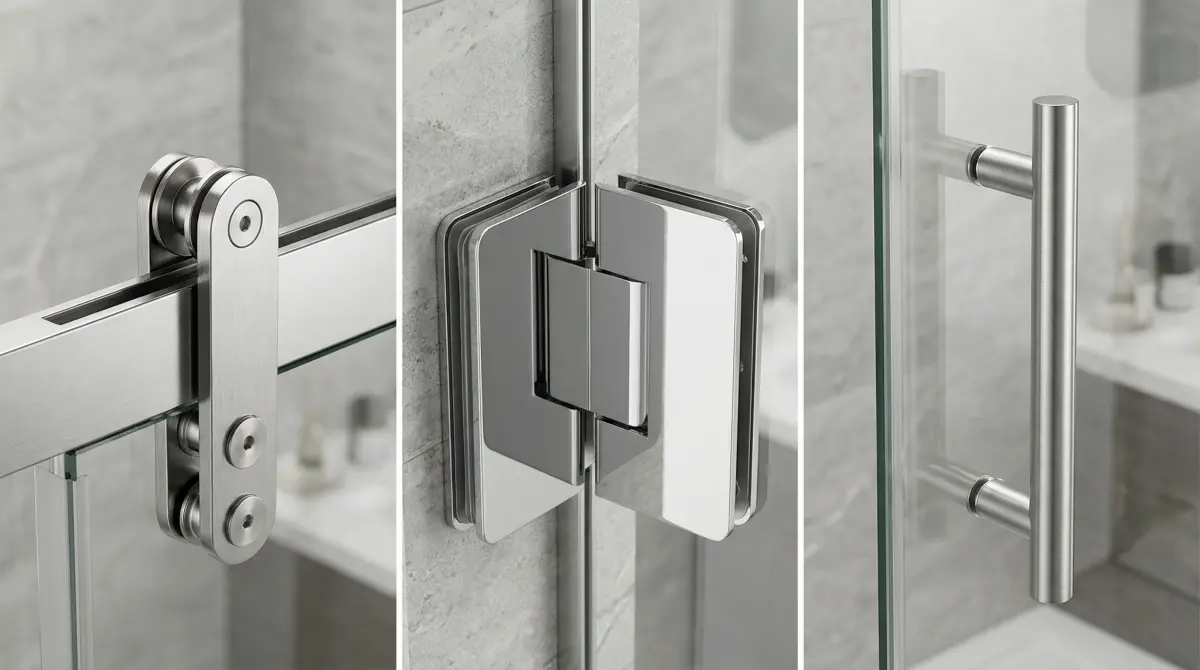 台北淋浴拉門安裝行情 2026:一次看懂費用、材質、施工差異(含最新市場價格表) 8 台北淋浴拉門304不鏽鋼五金特寫 - 雙潢浴門