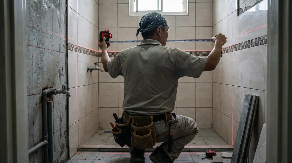 台北淋浴拉門安裝行情 2026:一次看懂費用、材質、施工差異(含最新市場價格表) 9 台北老屋淋浴拉門牆面測量 - 雙潢浴門