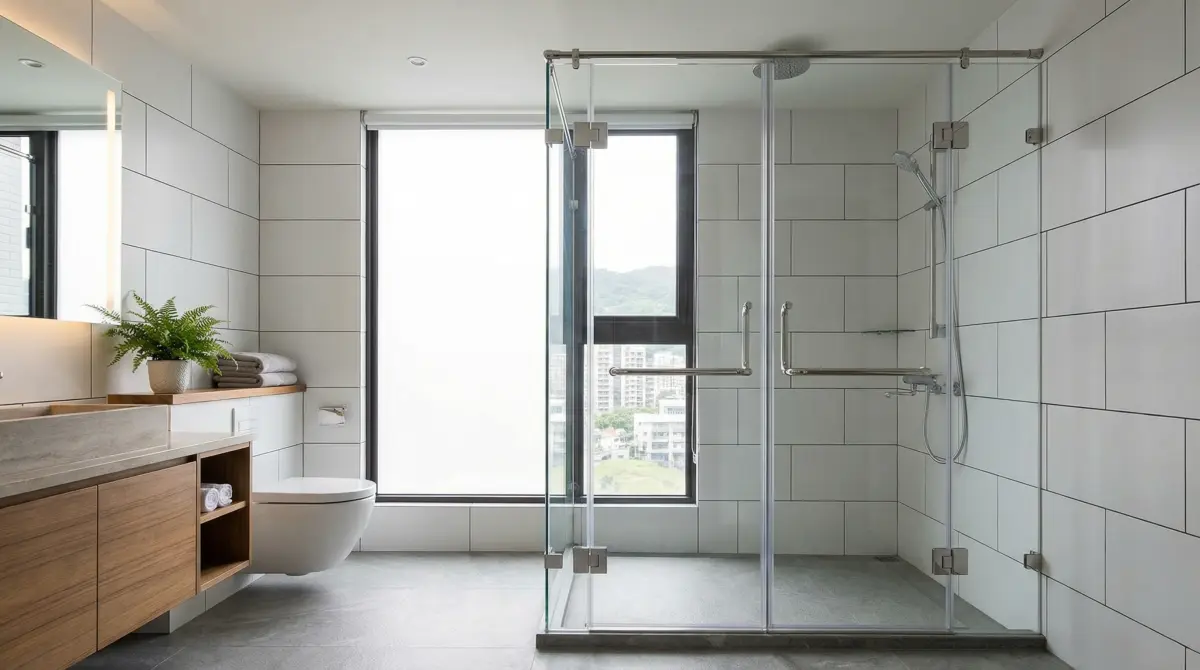 新北淋浴拉門價格怎麼算?2026 專業師傅公開「報價背後的 8 個條件」 3 新北市現代風格浴室,安裝無框一字型淋浴拉門,呈現通透質感