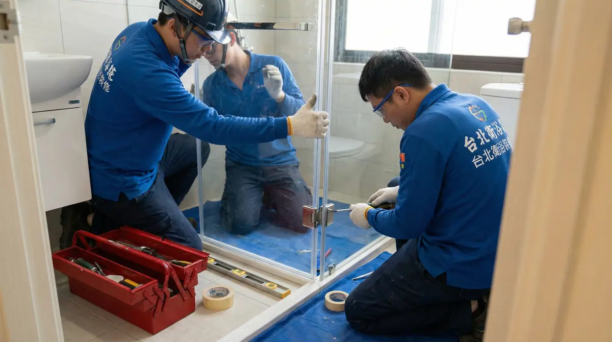 新北淋浴拉門價格怎麼算?2026 專業師傅公開「報價背後的 8 個條件」 4 綠林工程的專業師傅正在新北市的客戶家中安裝淋浴拉門