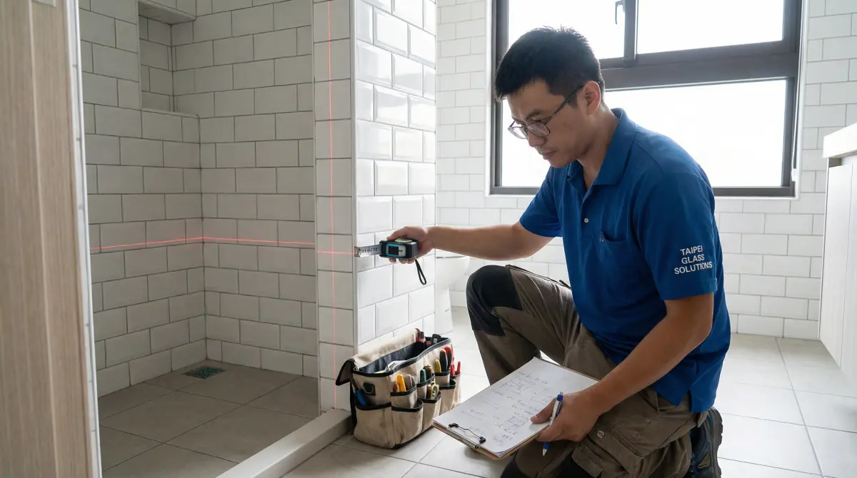 新北淋浴拉門價格怎麼算?2026 專業師傅公開「報價背後的 8 個條件」 10 雙潢浴門的師傅正在進行專業的現場丈量