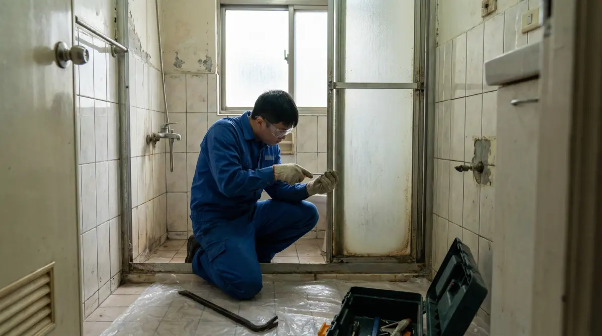 新北淋浴拉門價格怎麼算?2026 專業師傅公開「報價背後的 8 個條件」 7 工作人員正在小心地拆除舊的淋浴門